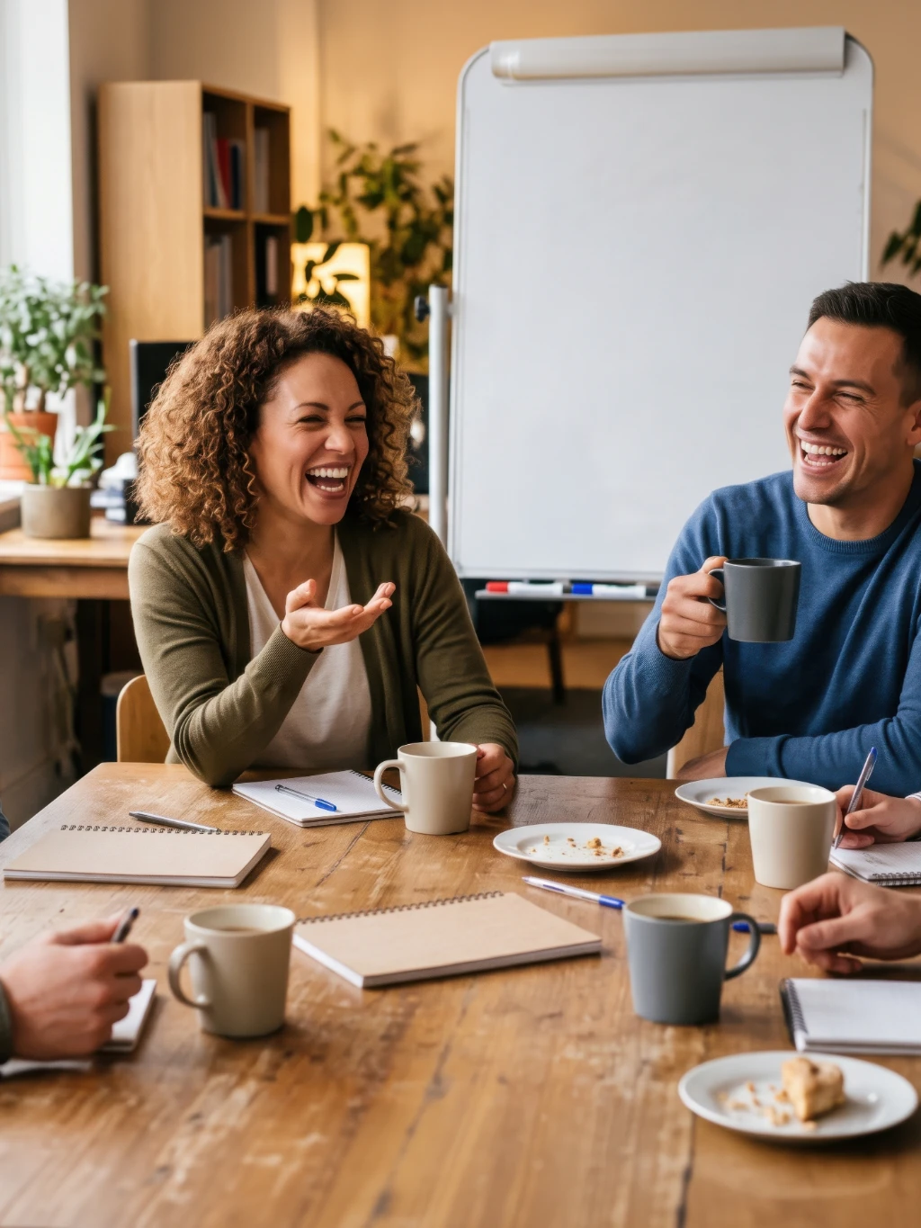 colleagues sitting at a table chatting and smiling