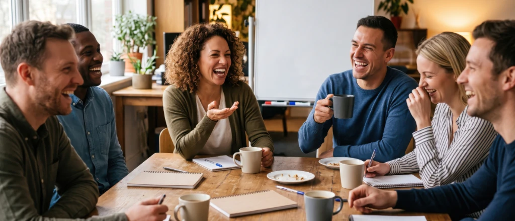 colleagues sitting at a table chatting and smiling