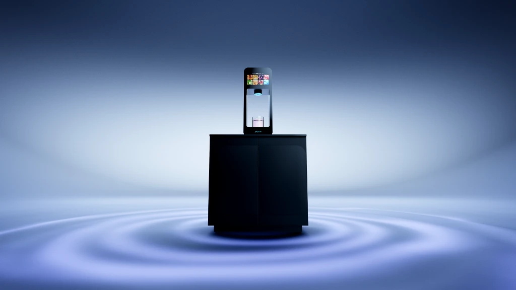 a wide shot of the Aquablu series2 refill plus water dispenser on a black cabinet with a blue water effect surrounding it